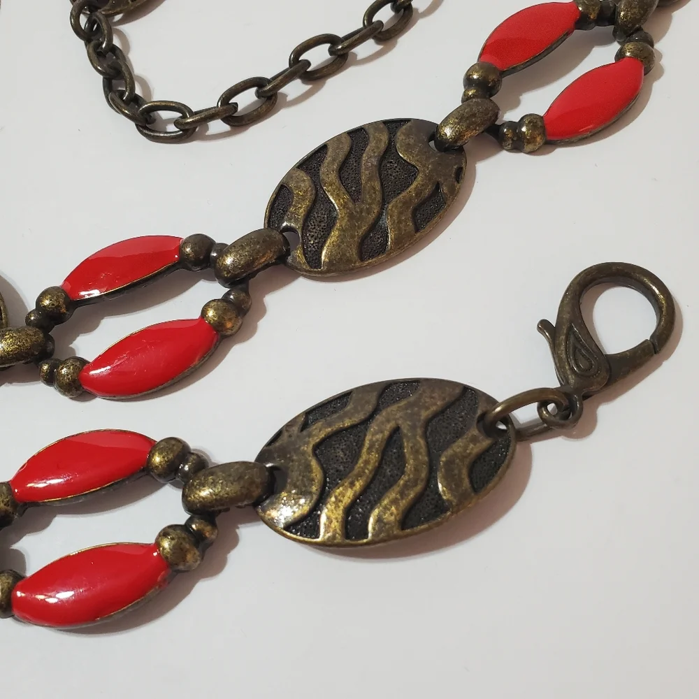 Vintage Women's Brass Red Enamel Link Chain Belt